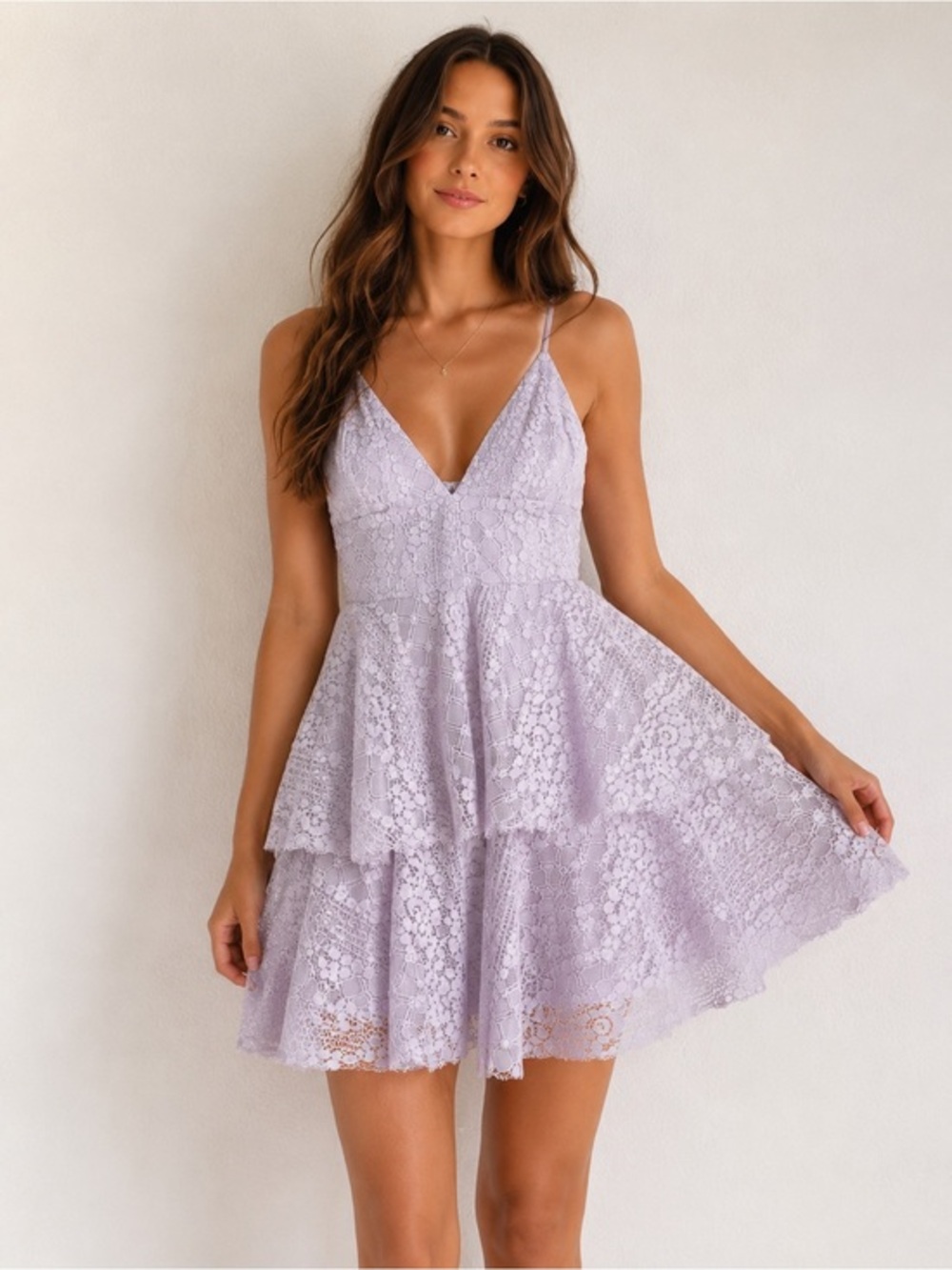 Lulu's Lavender Lace Tiered V-Neck Mini Dress